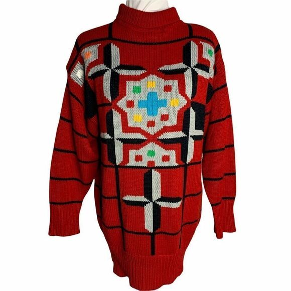 Vintage Cable Knit Turtleneck Sweater M Red Geometric Pullover Oversized - Picture 1 of 6